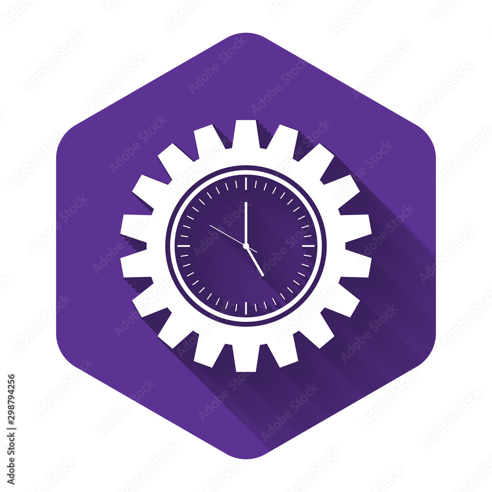 White Time Management icon isolated with long shadow. Clock and gear sign. Productivity symbol. Purple hexagon button. Vector Illustration White Time Management icon isolated with long shadow. Clock and gear sign. Productivity symbol. Purple hexagon button. Vector Illustration