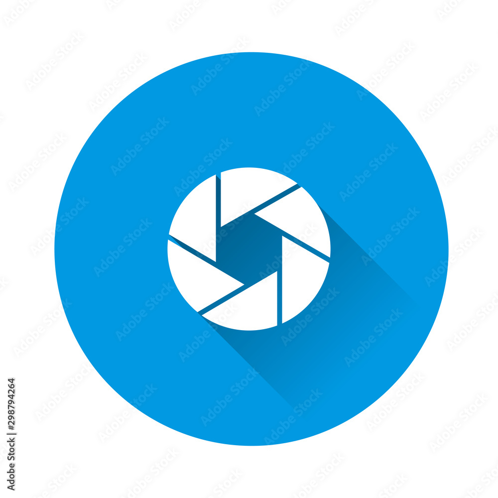 Vector camera lens icon. Camera shutter on blue background. Flat image with long shadow. Vector camera lens icon. Camera shutter on blue background. Flat image with long shadow.