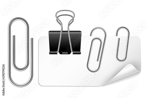White paper holder and clip. Black and silver clips fix business office sheets isolated vector set