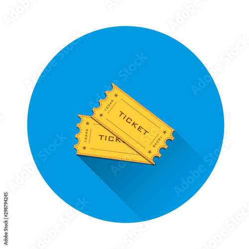 Vector movie ticket icon. Ticket cinema  in retro style on blue background. Flat image with long shadow.