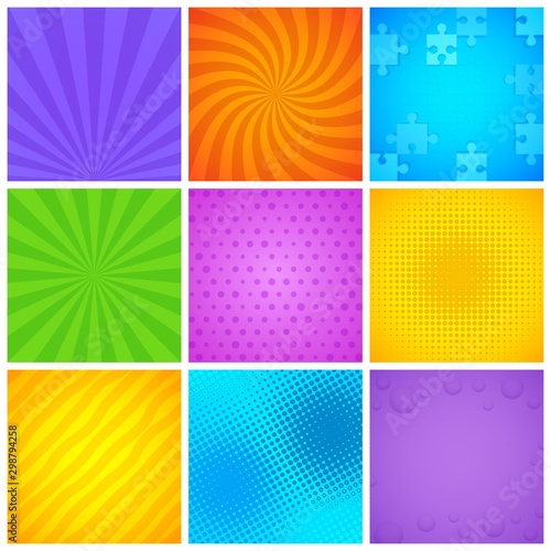 Comic wrapping patterns. Pop art geometric square frame with color print of retro style cartoon cool vector set