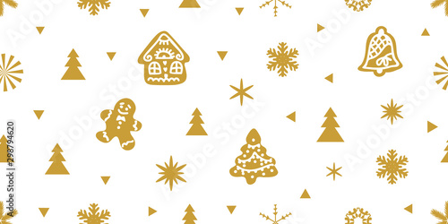 Golden snowflakes, firs and decorative elements.