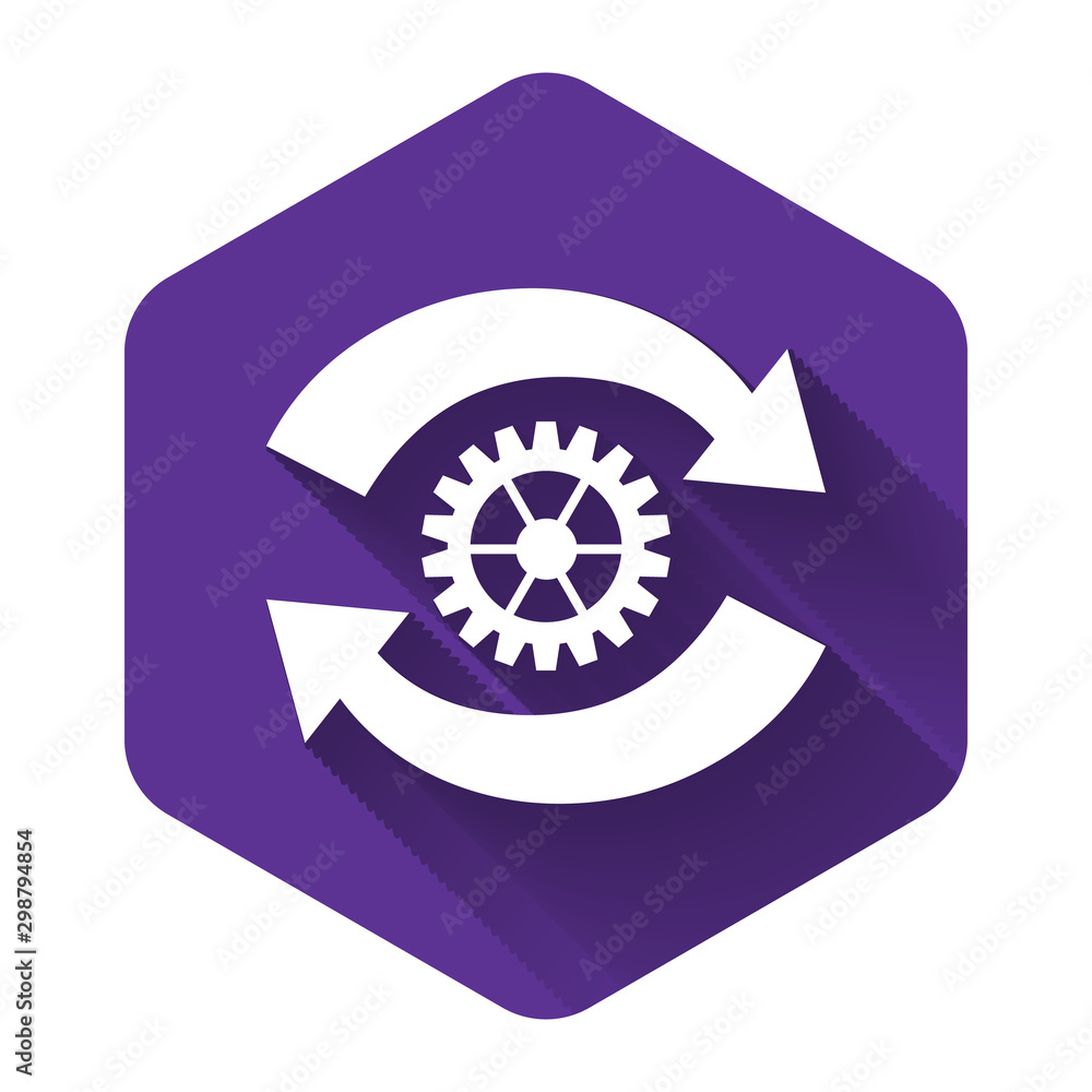 White Gear and arrows as workflow concept icon isolated with long shadow. Gear reload sign. Purple hexagon button. Vector Illustration White Gear and arrows as workflow concept icon isolated with long shadow. Gear reload sign. Purple hexagon button. Vector Illustration