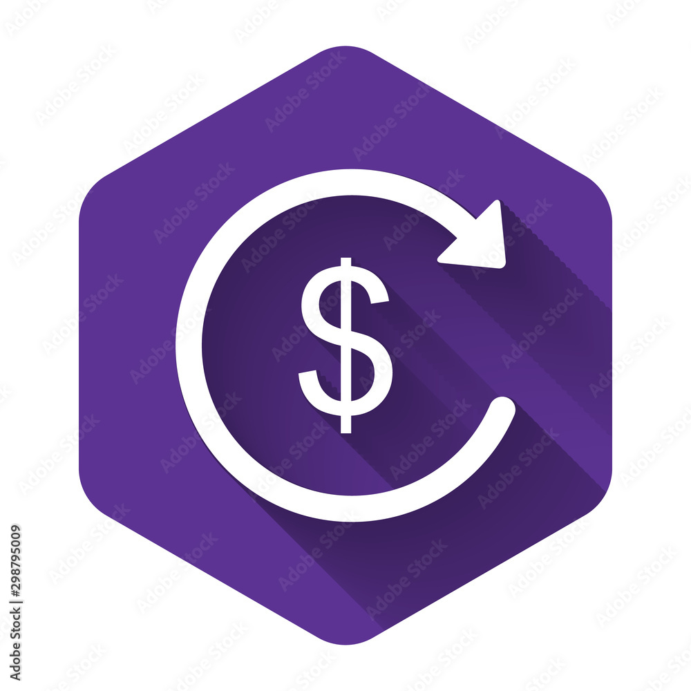 White Refund money icon with long shadow. Financial services, cash back concept, money refund, return on investment, savings account, currency exchange. Purple hexagon button. Vector Illustration White Refund money icon with long shadow. Financial services, cash back concept, money refund, return on investment, savings account, currency exchange. Purple hexagon button. Vector Illustration