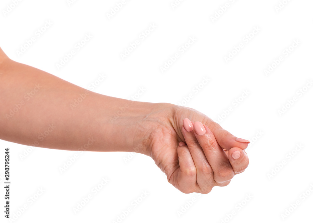 Female empty hand holding something - palm up, isolated on white background. Beautiful hand of woman with copy space. Female empty hand holding something - palm up, isolated on white background. Beautiful hand of woman with copy space.