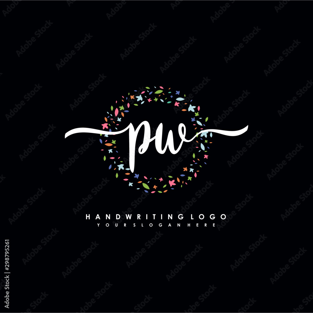 PW initials handwritten logo with flower templates surround the letters. initial wedding template vector