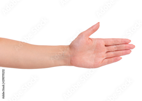 Female stretching hand to handshake isolated on white background. Beautiful hand of woman with copy space.