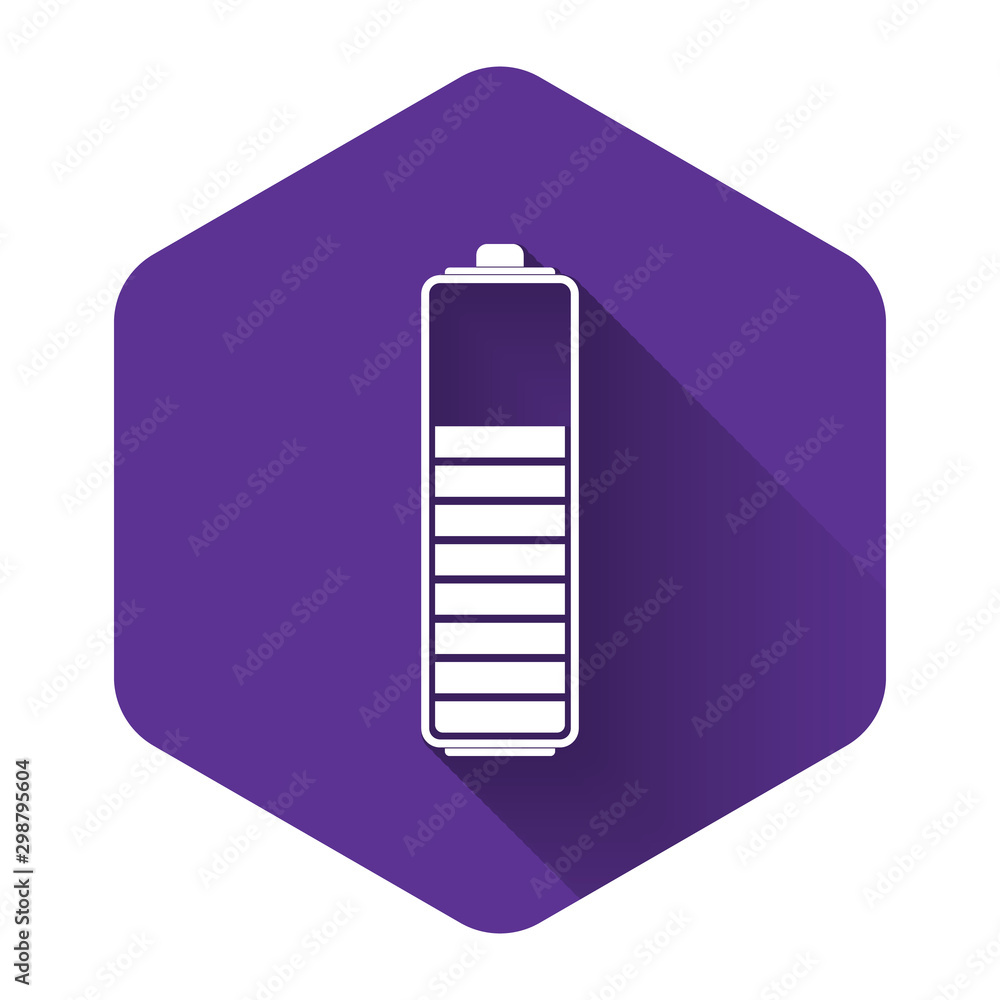 White Battery charge level indicator icon isolated with long shadow. Purple hexagon button. Vector Illustration White Battery charge level indicator icon isolated with long shadow. Purple hexagon button. Vector Illustration