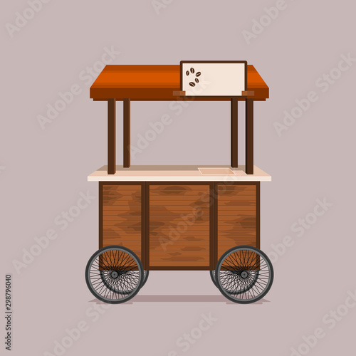 Editable Detailed Street Wooden Mobile Coffee Cart Vector Illustration With Signboard for Cafe Related Concept