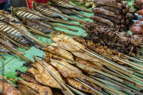 Food bazaar. Traditional buffet at local street food at Night Market at Luang Prabang. Laos.