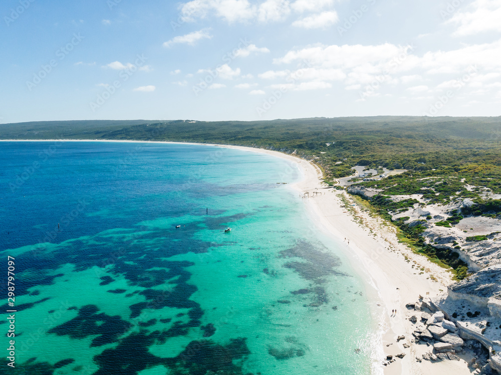 Drone shot of the beautiful beach of Hamelin Bay on a perfect summers day with the beautiful blue water showing off the marine world, Western Australia.
