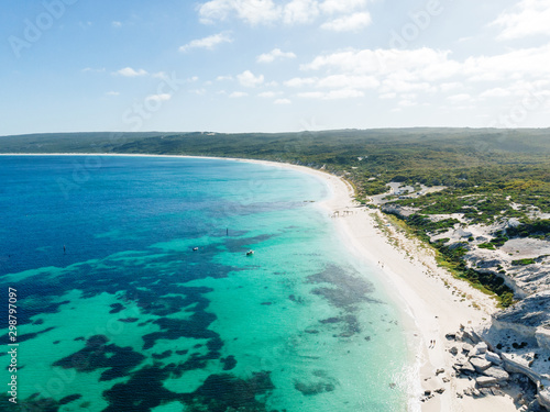 Drone shot of the beautiful beach of Hamelin Bay on a perfect summers day with the beautiful blue water showing off the marine world, Western Australia. © Dylan Alcock