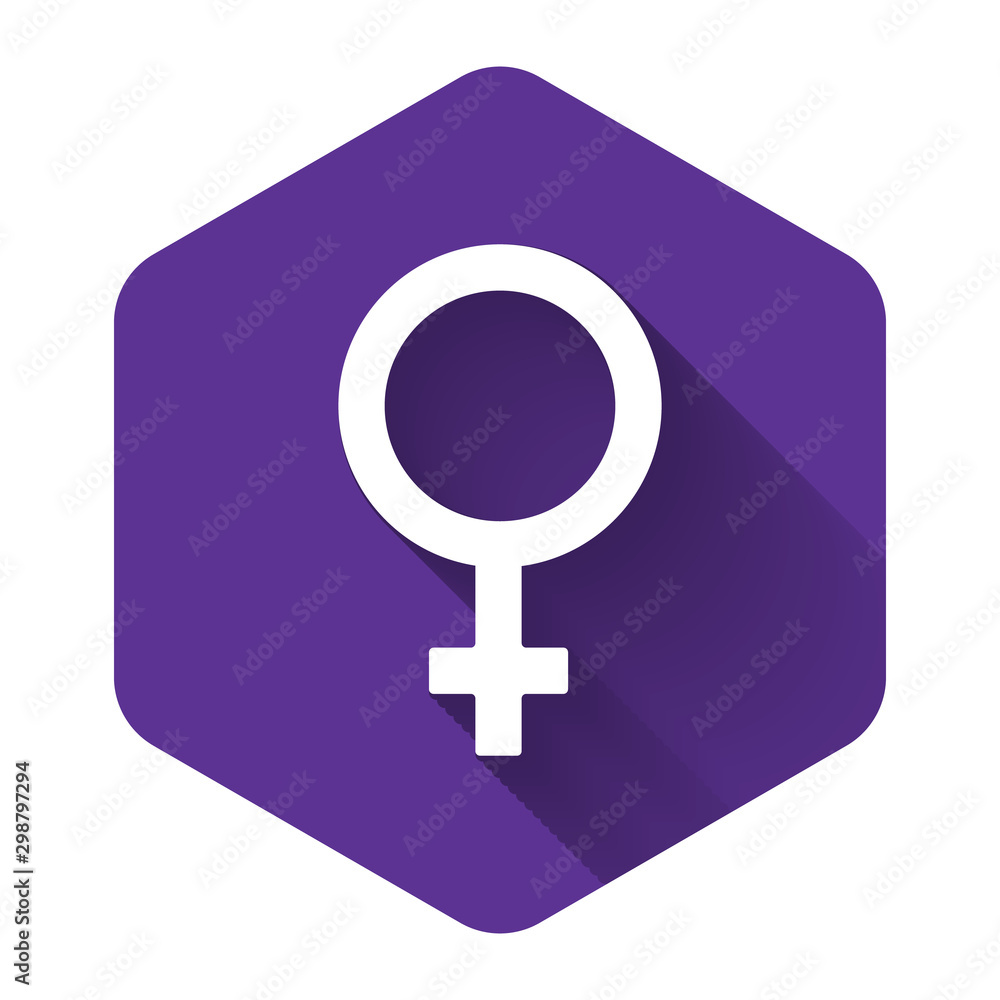 White Female gender symbol icon isolated with long shadow. Venus symbol. The symbol for a female organism or woman. Purple hexagon button. Vector Illustration White Female gender symbol icon isolated with long shadow. Venus symbol. The symbol for a female organism or woman. Purple hexagon button. Vector Illustration