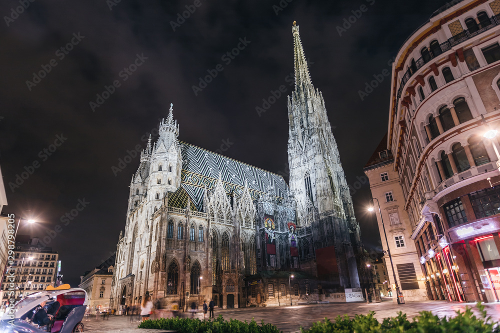 Fototapeta premium St. Stephen's Cathedral on Stefansplatz in Vienna at night with long exposure, Austria.