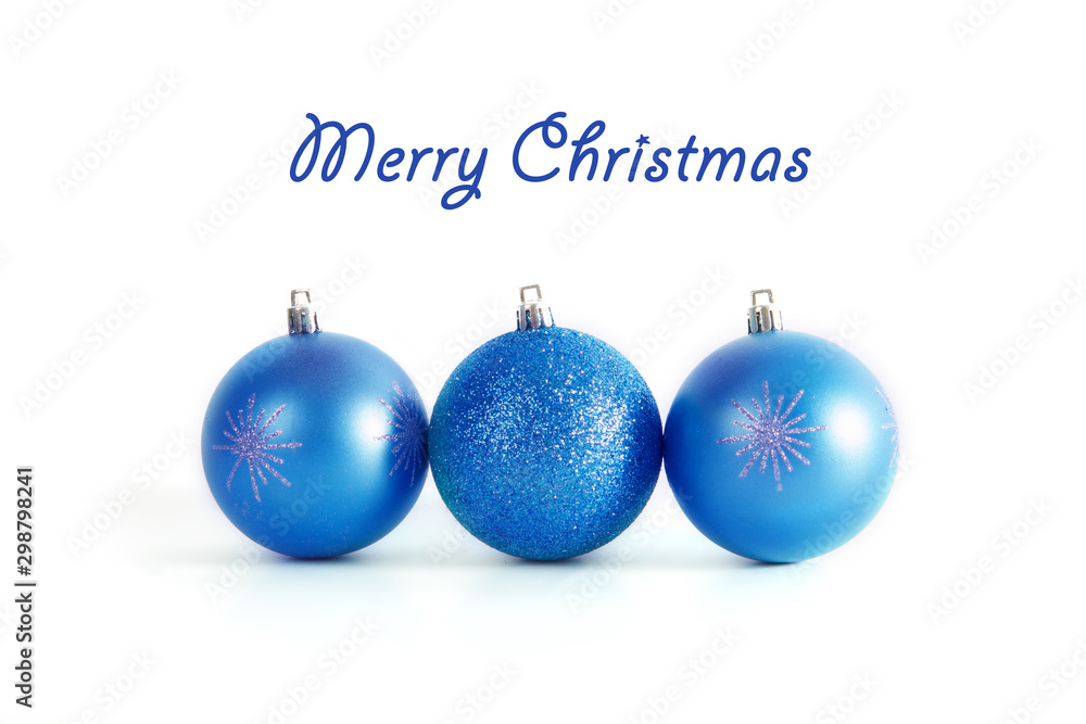 Three blue Christmas balls isolated on white background close-up Three blue Christmas balls isolated on white background close-up