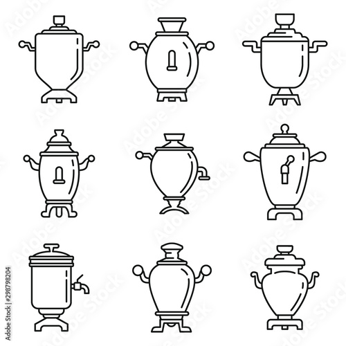 Russian samovar icons set. Outline set of russian samovar vector icons for web design isolated on white background