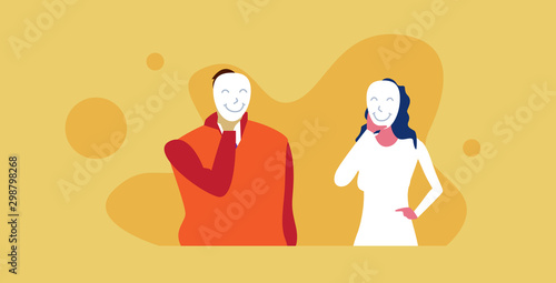 businesspeople couple hide their emotions under smiling mask insincerity in business hypocrite agreement concept sketch portrait horizontal vector illustration