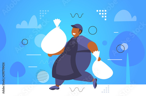 female fat street cleaner carrying garbage packages african american overweight janitor in apron cleaning service concept landscape background full length sketch horizontal vector illustration
