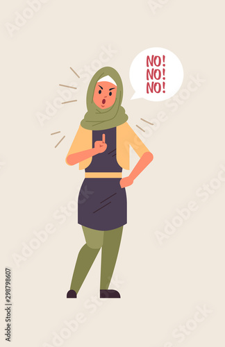 angry arab woman saying NO speech balloon with scream exclamation negation concept furious arabic lady showing sign with finger flat full length vertical vector illustration