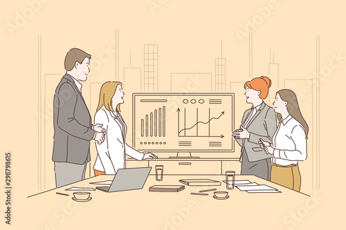 Teamwork, brainstorming meeting concept. Business presentation in conference room, office workers presenting financial statement, partners discussing project, workflow process. Simple flat vector