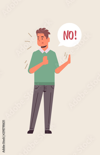 angry unhappy man saying NO speech balloon with NO scream exclamation negation concept furious guy showing stop gesture flat full length vertical vector illustration