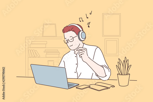 Work pause, take break concept. Office worker listening to music, young man working on laptop in headphones, freelancer workplace, employee cabinet, project manager workflow. Simple flat vector