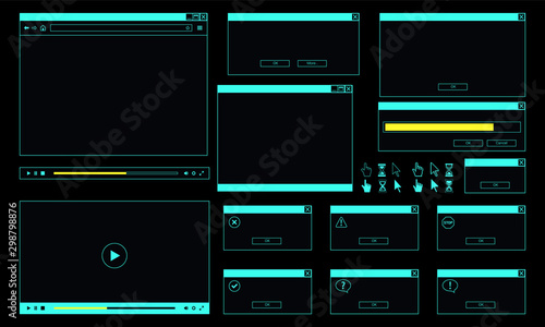 Neon theme of desktop user interface. Web browser window, online video player, error message and computer cursor