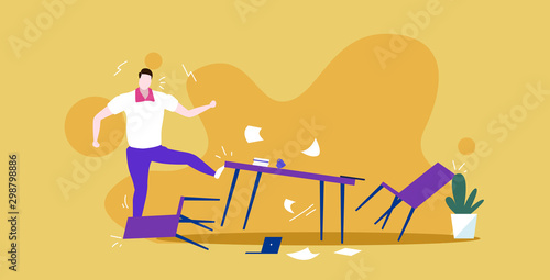 angry businessman crashing office workplace overload stress concept furious employer with negative emotions sketch full length horizontal vector illustration