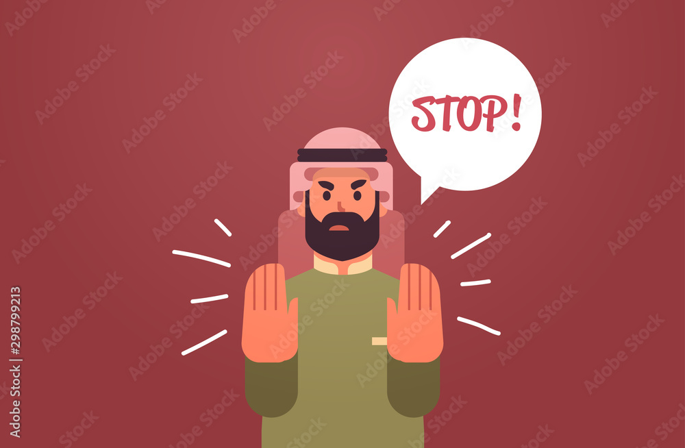 angry arab man saying STOP speech balloon with scream exclamation negation concept furious arabic character showing stop gesture flat portrait horizontal vector illustration