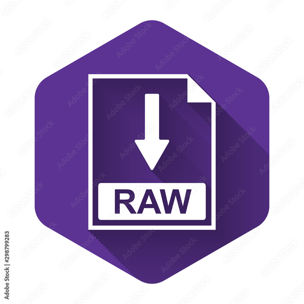 White RAW file document icon. Download RAW button icon isolated with long shadow. Purple hexagon button. Vector Illustration