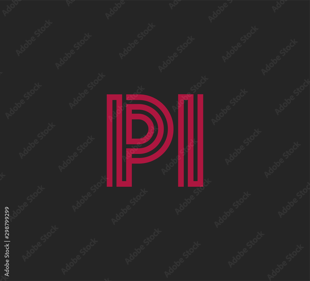 Initial two letter red line shape logo on black vector PI