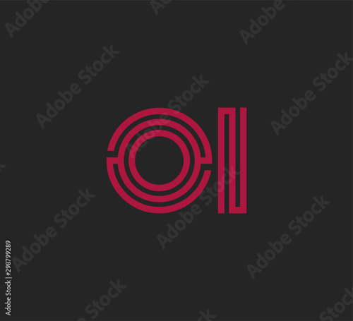 Initial two letter red line shape logo on black vector OI