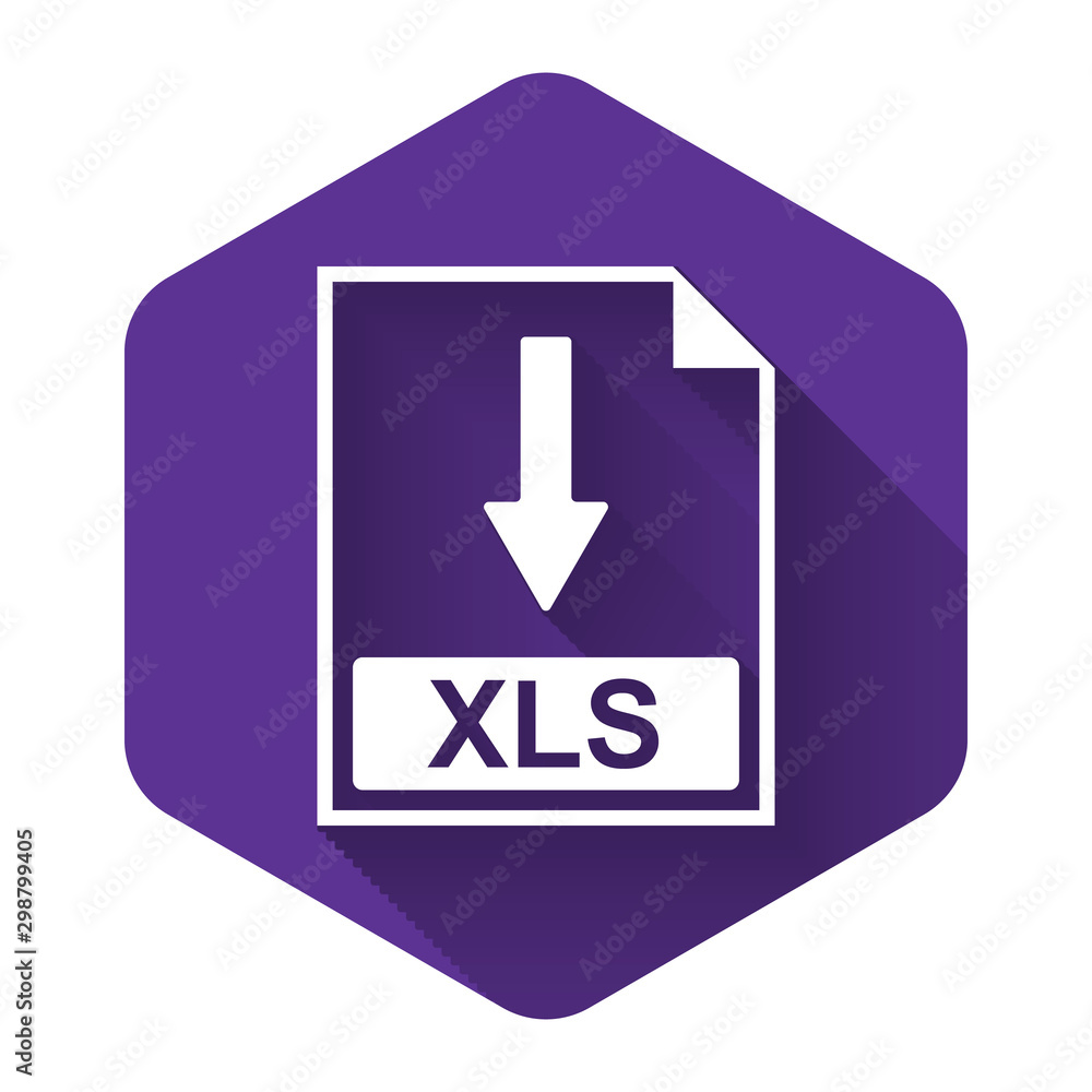White XLS file document icon. Download XLS button icon isolated with long shadow. Purple hexagon button. Vector Illustration White XLS file document icon. Download XLS button icon isolated with long shadow. Purple hexagon button. Vector Illustration