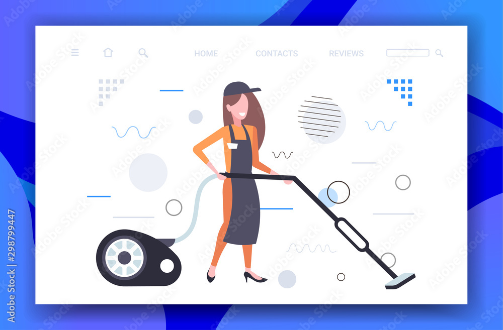 woman using vacuum cleaner female janitor in uniform vacuuming doing housework cleaning service concept horizontal full length sketch vector illustration