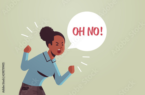 angry unhappy woman saying OH NO speech balloon with NO scream exclamation negation concept furious screaming african american girl raising hands flat portrait horizontal vector illustration
