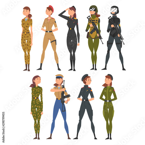 Collection of Woman Soldiers or Officers in Combat Uniform with Assault Rifles, Professional Military Female Characters Vector Illustration