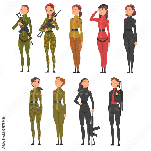 Collection of Young Woman Soldiers or Officers in Combat Uniform with Assault Rifles, Professional Military Female Characters Vector Illustration