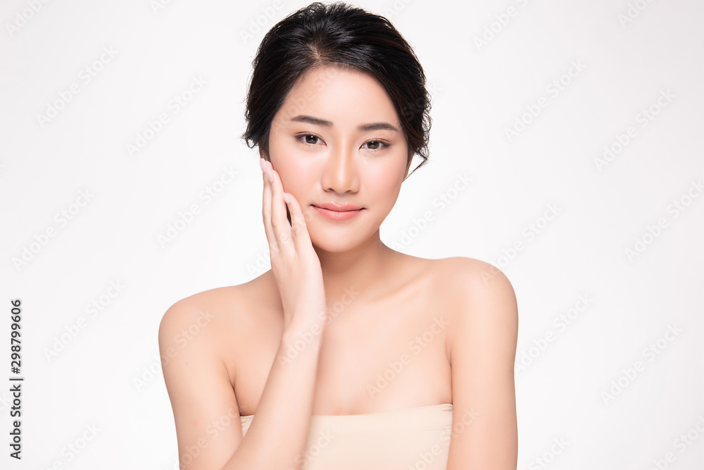 Beautiful young Asian woman touching soft cheek and smile with clean and fresh skin. Happiness and cheerful with, isolated on white background, Beauty and Cosmetics Concept, Beautiful young Asian woman touching soft cheek and smile with clean and fresh skin. Happiness and cheerful with, isolated on white background, Beauty and Cosmetics Concept,
