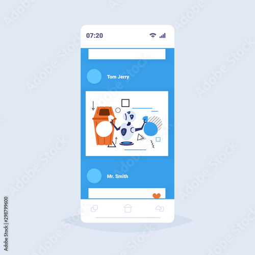 modern robot putting garbage bags recycling bin segregate waste sorting management artificial intelligence concept smartphone screen online mobile app sketch full length vector illustration
