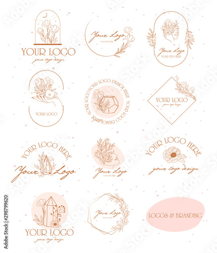 Collection of logos and icons in hand drawn style. Nature, Skin care, Personal brand, psychology and beauty concept illustration. Editable vector illustration.