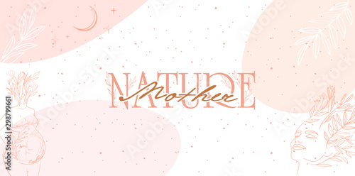 Mother Nature poster with leaf and flower elements, girl portrait and silhouette of a pregnant woman in one line style. Editable vector illustration