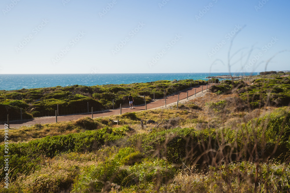 Red path between the coastal shrubs along the beautiful coast by Mullaloo Beach lookout, with the ocean as the background. Red path between the coastal shrubs along the beautiful coast by Mullaloo Beach lookout, with the ocean as the background.