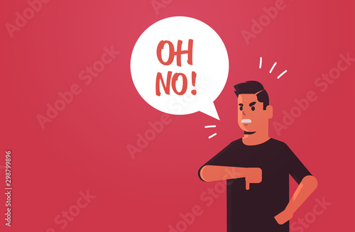 angry unhappy man saying oh NO speech balloon with NO scream exclamation negation concept furious screaming guy showing thumbs down gesture flat portrait horizontal vector illustration