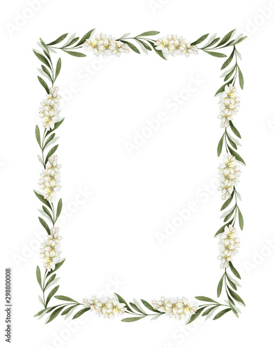 Watercolor vector frame of olive branches and leaves.