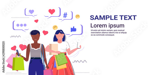 girls couple using online mobile app social media network chat bubble communication digital addiction concept mix race women carrying shopping bags copy space sketch portrait horizontal vector