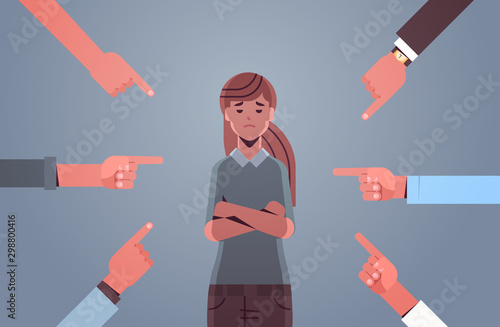 depressed girl teenager being bullied surrounded by hands fingers mocking pointing her peer violence bullying concept flat portrait horizontal vector illustration