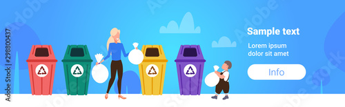 mother with child putting garbage bags in different types of recycling bins segregate waste sorting management cleaning service concept sketch horizontal full length copy space vector illustration