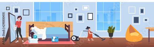 little child using vacuum cleaner mother spraying and wiping mirror family doing housework cleaning service concept modern living room interior horizontal full length sketch vector illustration