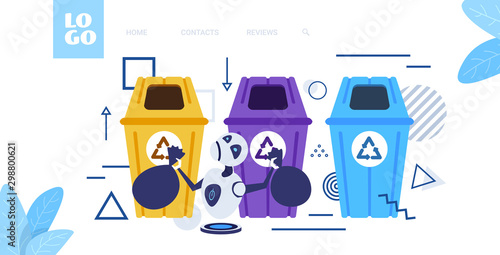 modern robot putting garbage bags in different types of recycling bins segregate waste sorting management artificial intelligence concept sketch horizontal full length vector illustration