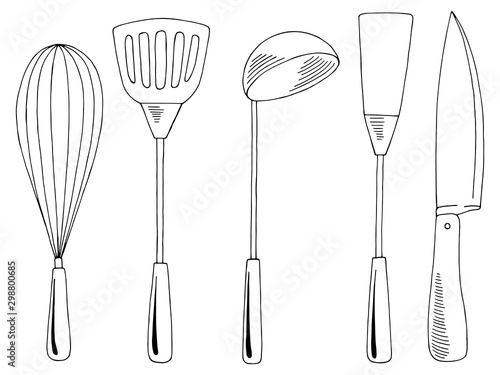 Kitchen supplies set graphic black white isolated sketch illustration vector